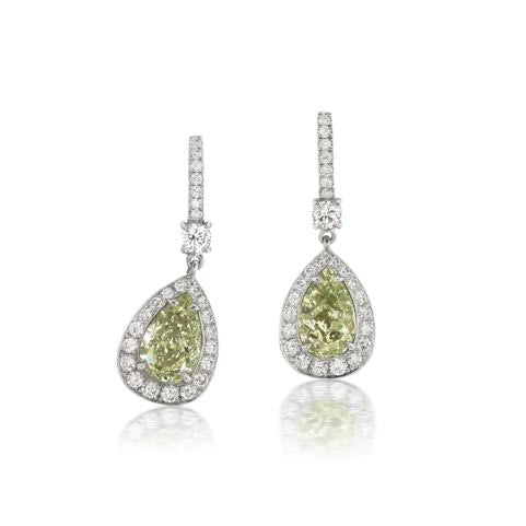 2.96ct Light Yellow-Green Diamond Pear Earrings