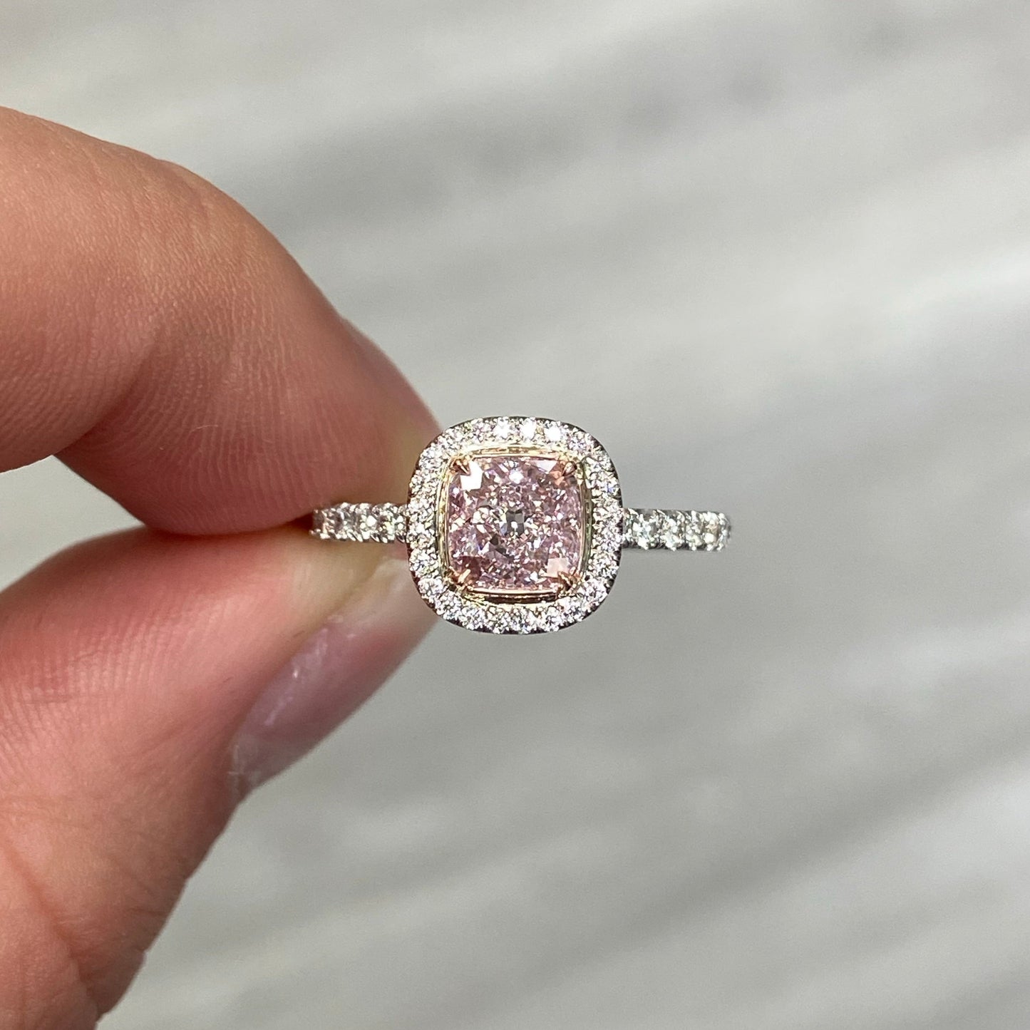 pink diamond ring. pink diamond cushion. light pink diamond