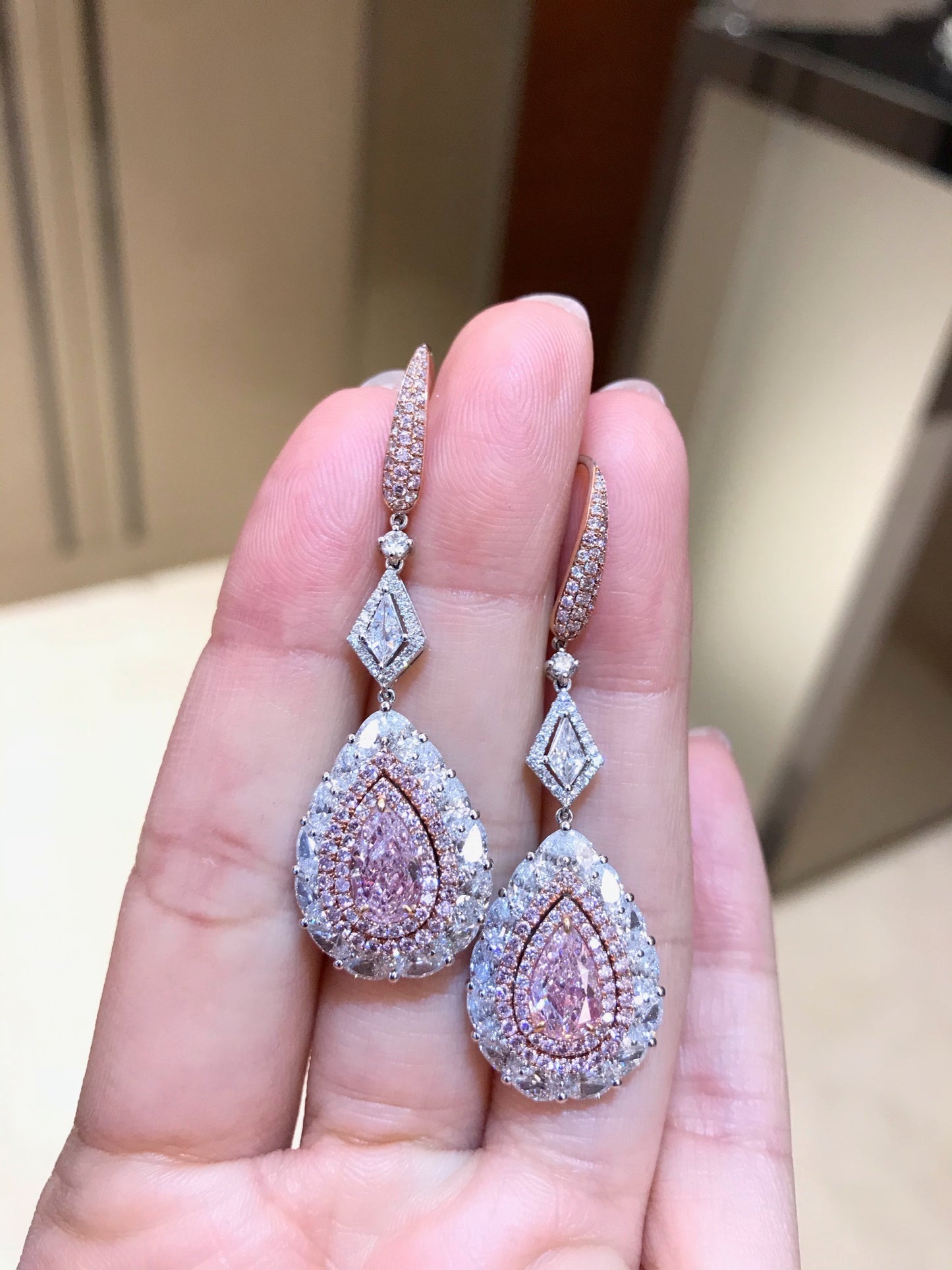 Pink & White GIA Diamond Earring. 6.07 Carats Diamonds