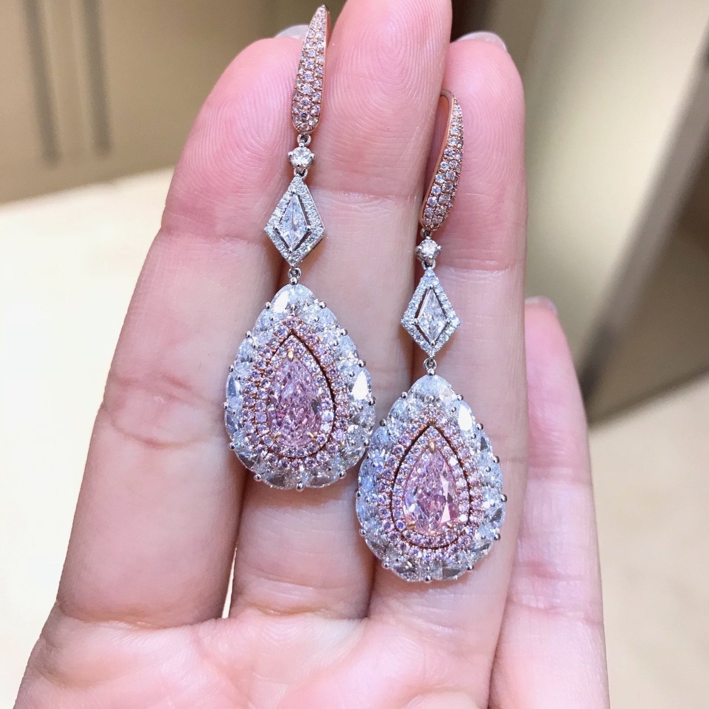 Pink & White GIA Diamond Earring. 6.07 Carats Diamonds