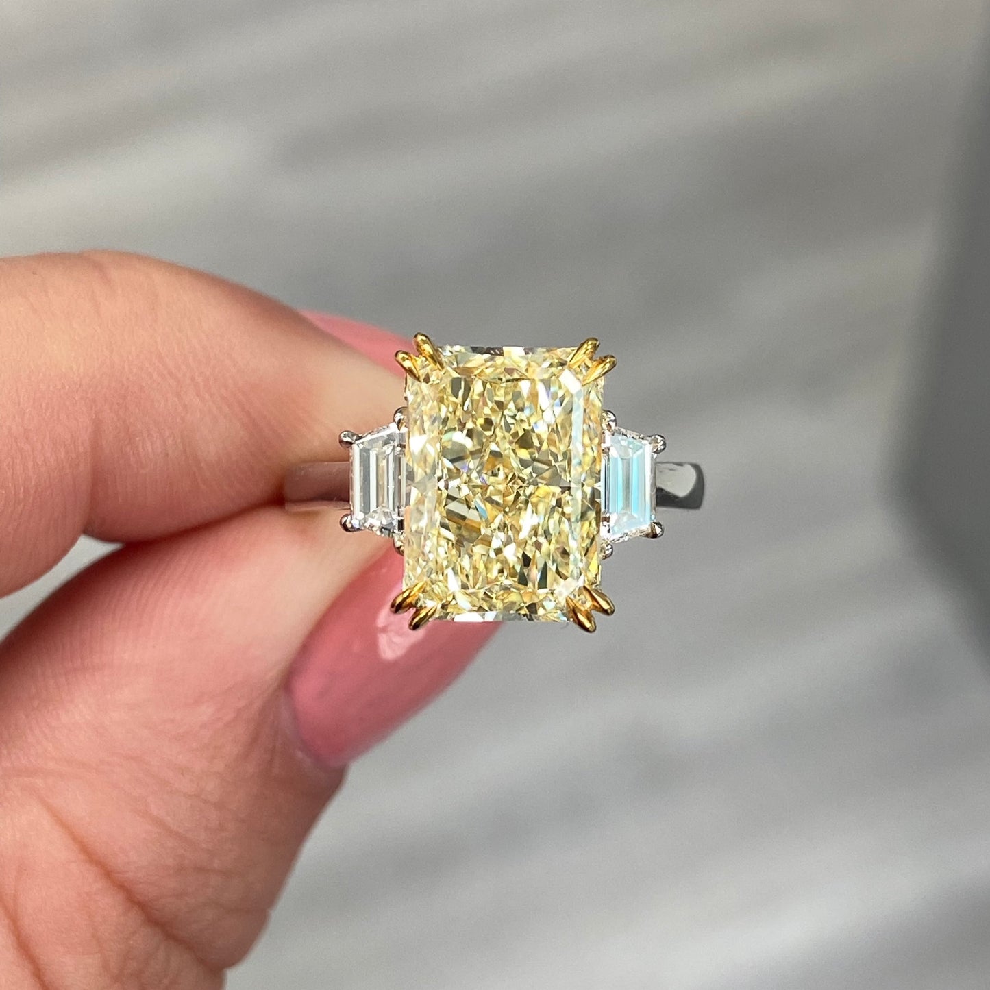 Elongated Radiant yellow diamond ring. Long Radiant Yellow Diamond
